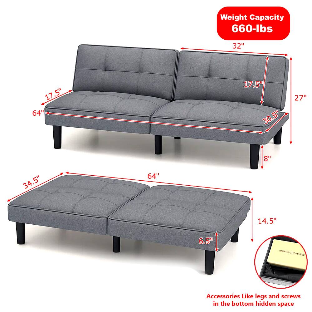 Left. Hivvago - Adjustable 6-Position Convertible Futon Sofa Bed for Versatile Seating and Sleeping - Grey.