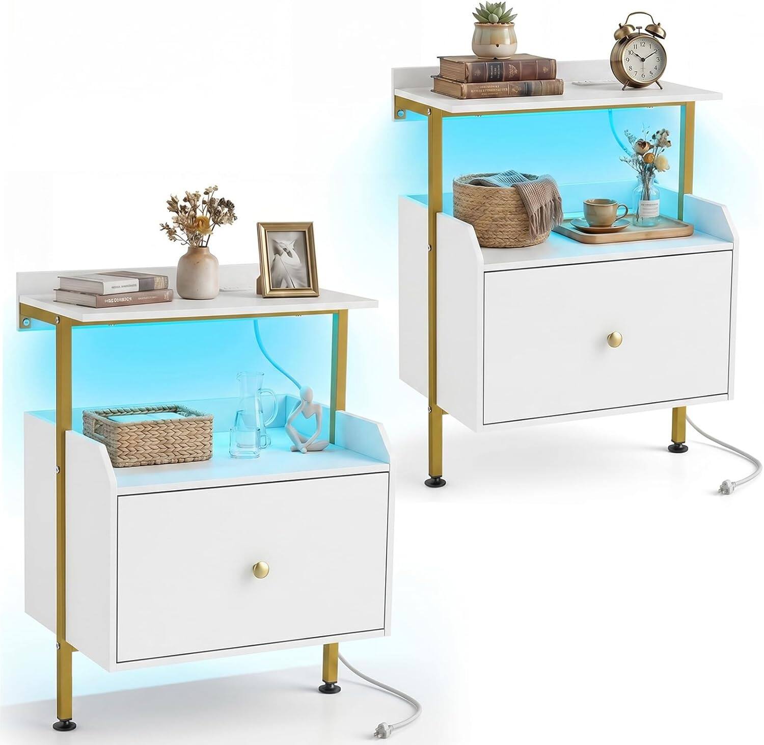 Gymax - 2PCS Nightstand Wall-mounted Bedside Table w/ LED Lights & Charging Station - White price history on PriceWatchPro