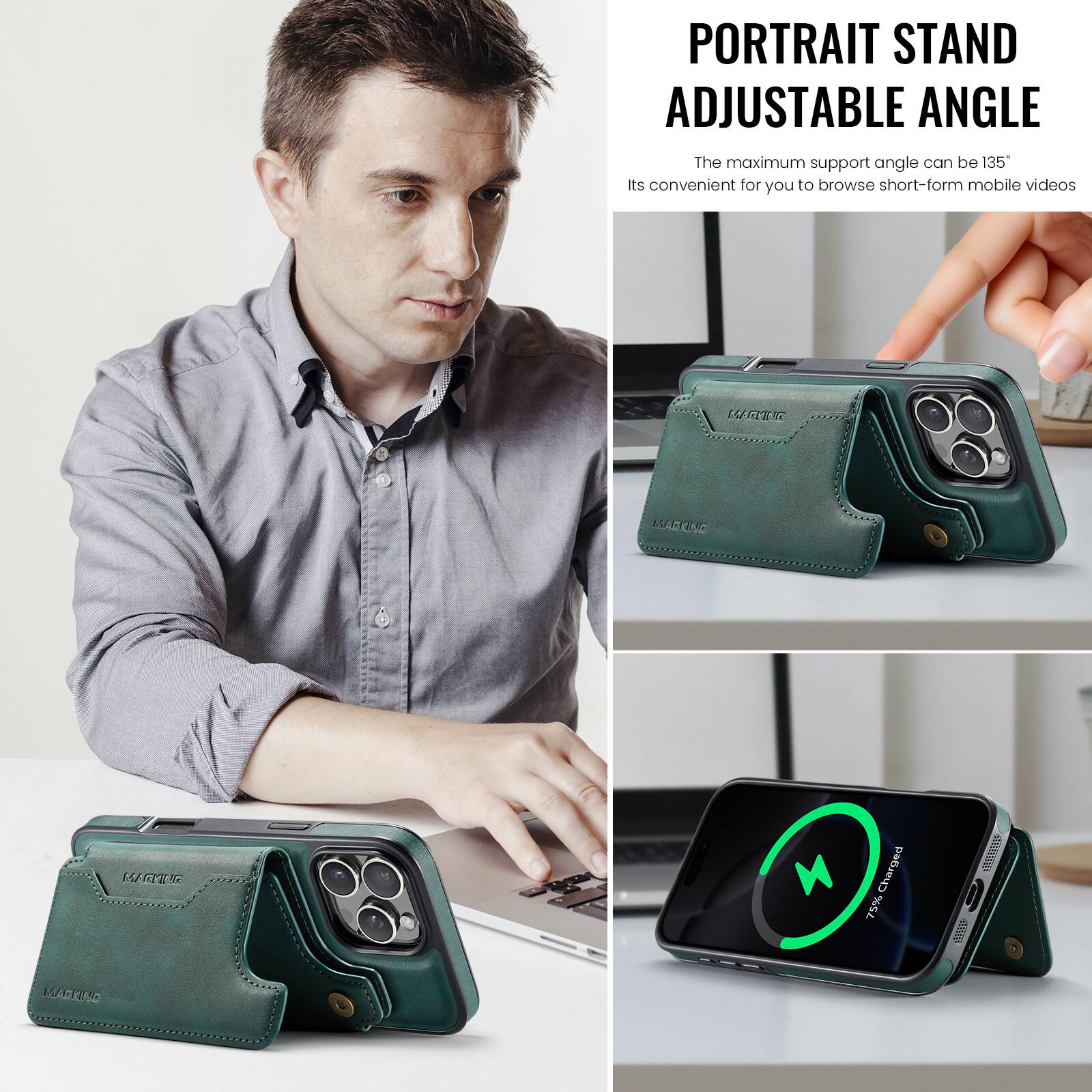 PORTRAIT STAND ADJUSTABLE ANGLE

The maximum support angle can be 135°

Its convenient for you to browse short-form mobile videos

MADENC LI

Charged 75%