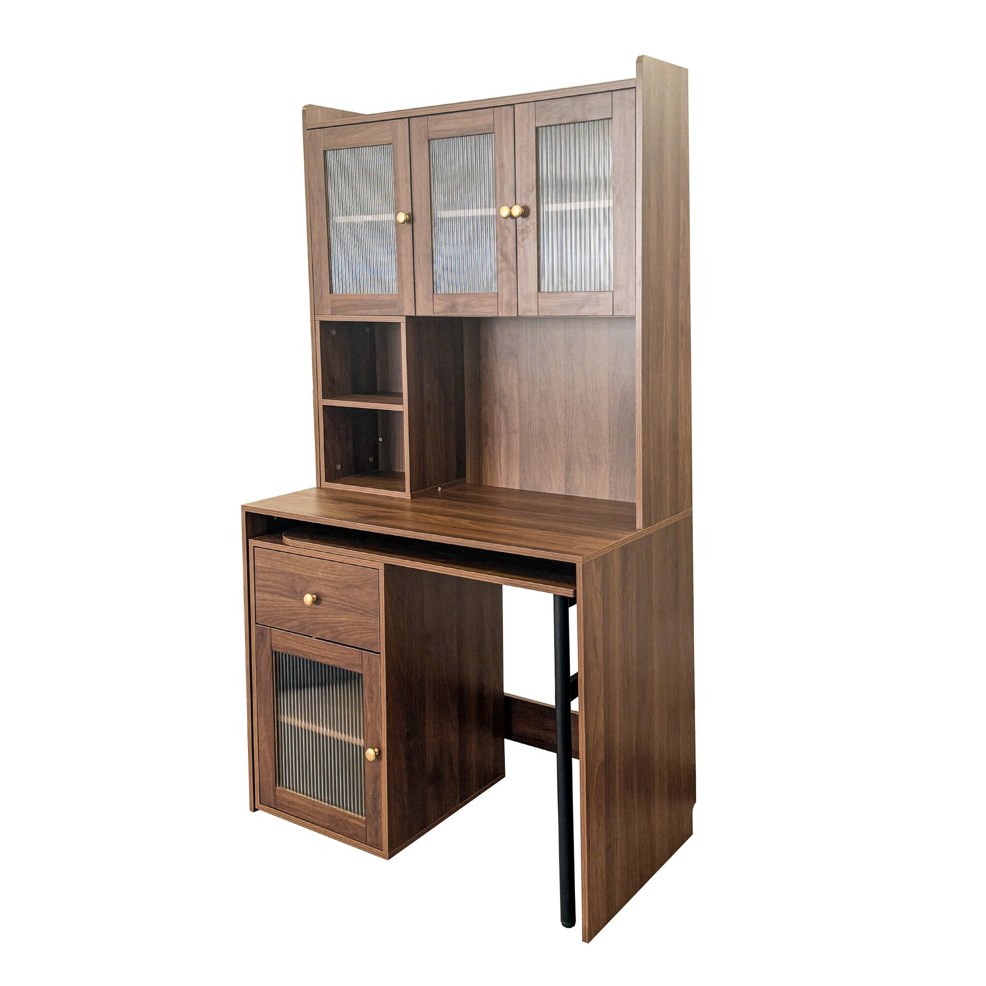Alt View 9. Tiramisubest - Computer Desk with glass door for Home Office, Bookshelf & Hutch, Computer Desk with 90 Degree Rotating Desktop, Walnut - Walnut.