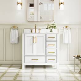 WELLFOR - 36 in Bathroom Vanity with Sink, Freestanding Solid Wood Bathroom Cabinet with 2 Doors& 5 Drawers,Brushed Gold Handle - White