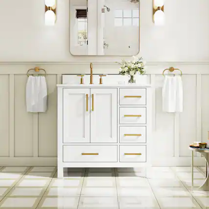 Front. WELLFOR - 36 in Bathroom Vanity with Sink, Freestanding Solid Wood Bathroom Cabinet with 2 Doors& 5 Drawers,Brushed Gold Handle - White.