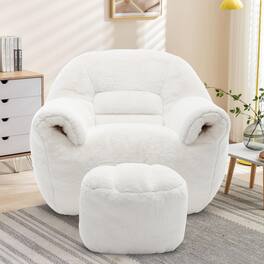 Trinkets Crazed - Bean Bag Chair with Back Support & Foot Stool, Faux Fur Comfy Bean Bag Sofa for Adults - White