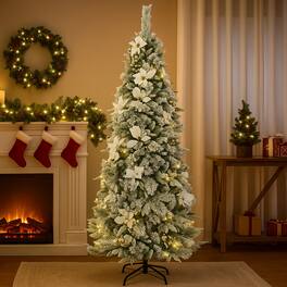 BreeBe - Flocked Christmas Tree with Berries and Poinsettias – 5ft 6ft 7ft 8ft - White