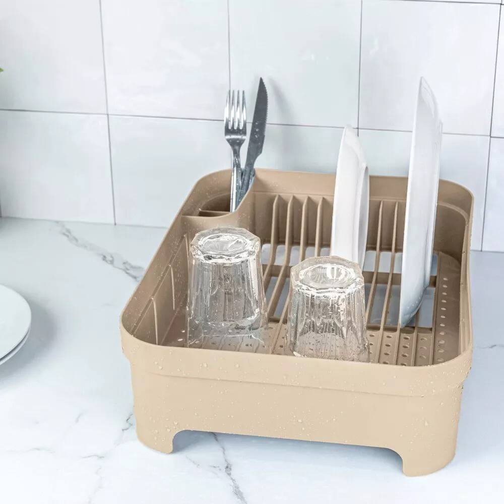 Alt View 1. OU - OU Dish Drying Rack for Kitchen Counter, Freestanding Plastic Dish Strainer with Utensil Holder - Beige - Beige.