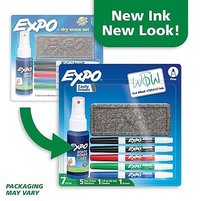 Intense New Ink EXPO Dry Erase Set New Look!  
EXPO White Board Care  
Easily WOW Fine Erases Vibrant Ink  
Our Most 5 Dry Erase Markers  
1 Cleaner  
1 Eraser  
Packaging May Vary  
7 Total Items