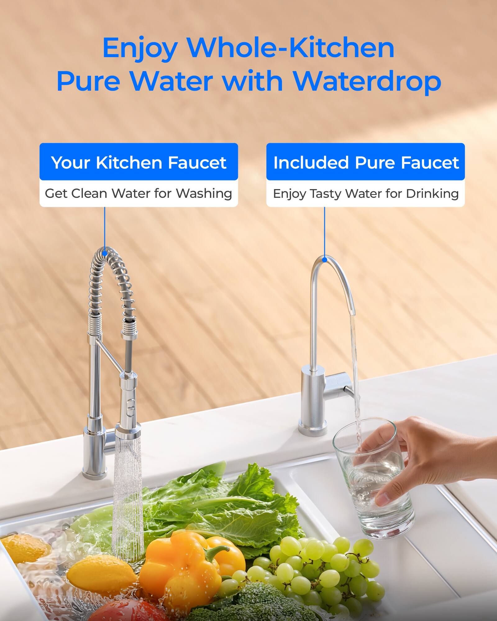 Enjoy Whole-Kitchen Pure Water with Waterdrop

Your Kitchen Faucet
Get Clean Water for Washing

Included Pure Faucet
Enjoy Tasty Water for Drinking