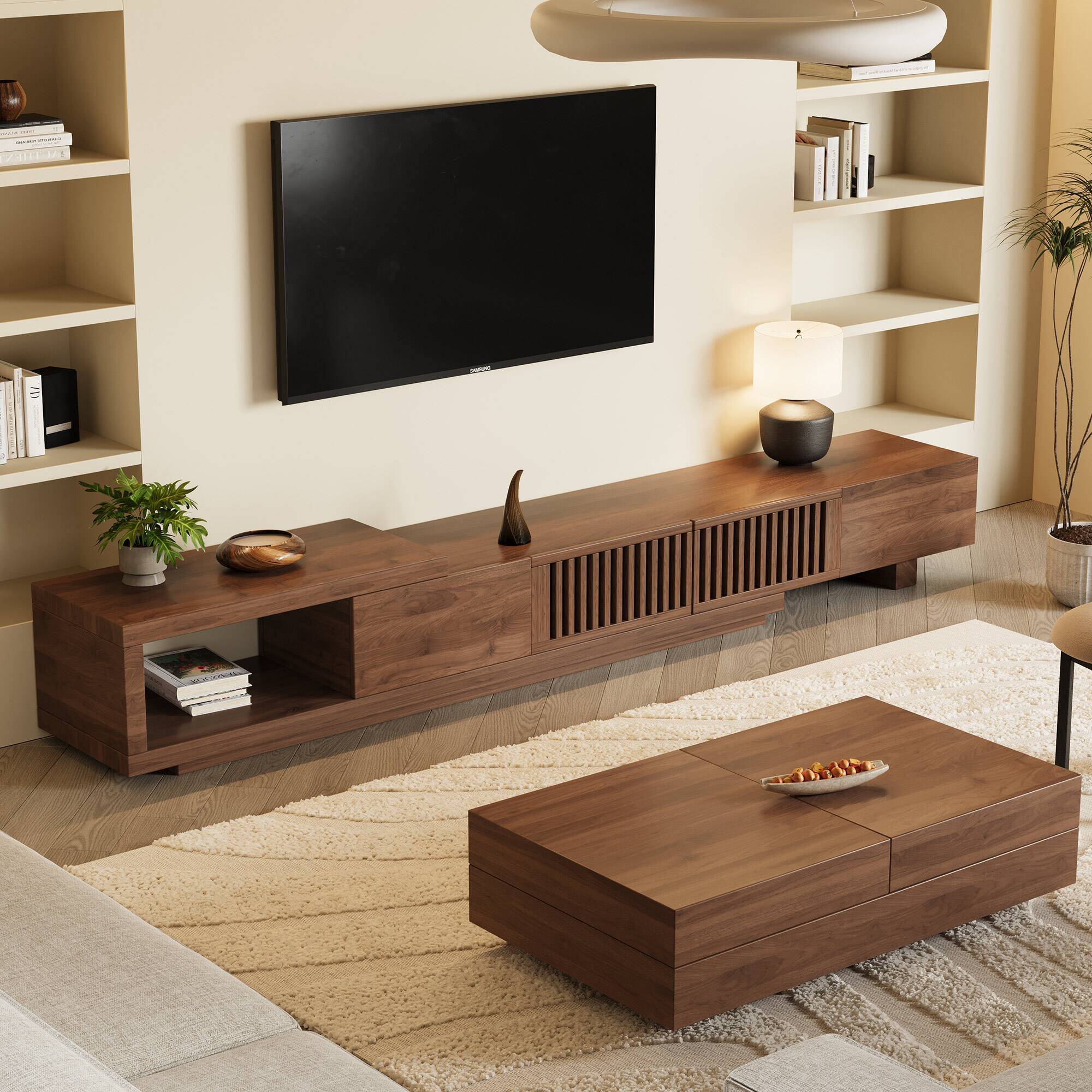 Alt View 9. luck idea - 47.2" Extendable Coffee Table with Hidden Storage Compartment | Multifunctional Center Table for Living Room Small Space - Walnut color.