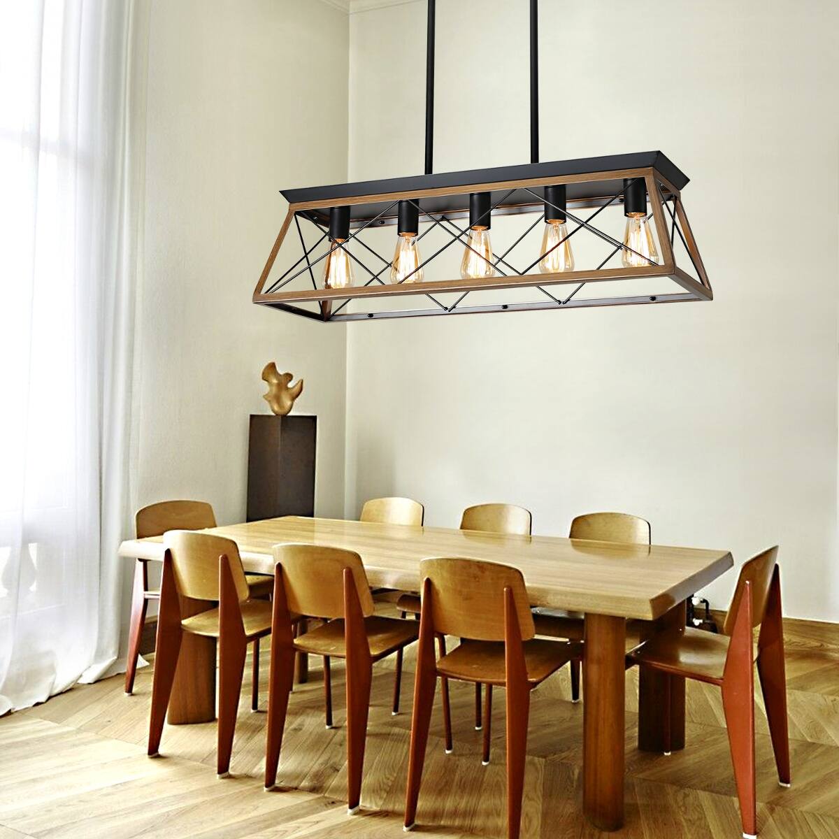 Loheer 32 inch Walnut Pendant Chandelier, Five Light Industrial Metal ...