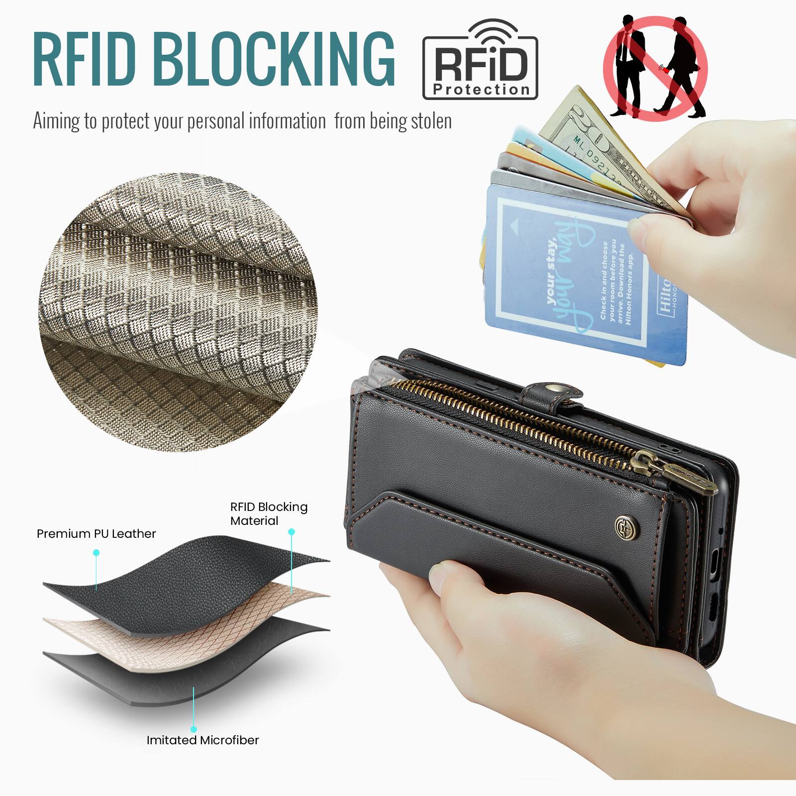 RFID BLOCKING  
Aiming to protect your personal information from being stolen  

RFiD Protection  

ML 09212  

Premium PU Leather RFID Blocking Material  
Imitated Microfiber