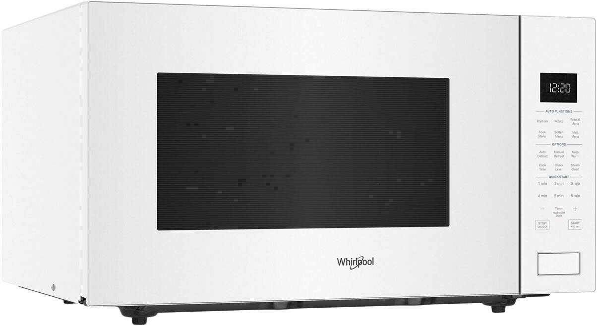 The image shows a white microwave oven with a black door. The microwave has a digital display and a timer that shows 12:20. The microwave features various auto functions, such as popcorn, potato reheat, and melt menu. It also has manual options, including defrost, keep warm, cook time, and power level. The microwave has a steam clean feature and a quick start option, which allows users to choose the desired cooking time from 1 to 5 minutes. The microwave is made by Whirlpool.