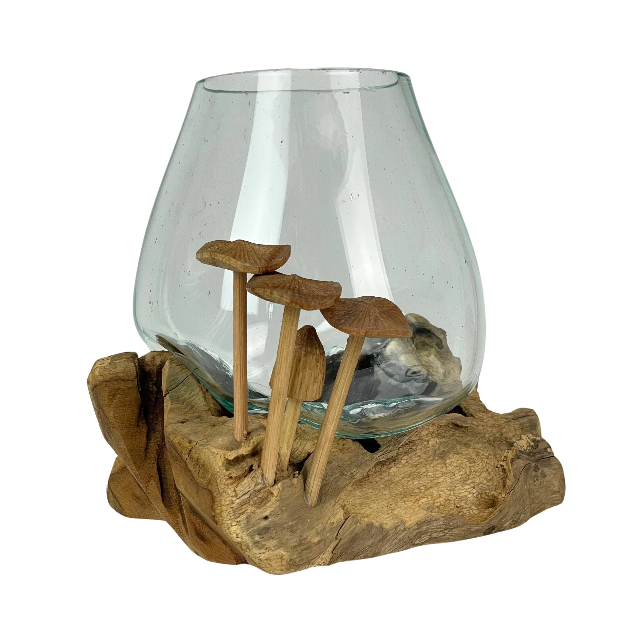 Alt View 1. Things2Die4 - Handcrafted Glass and Teak Vase with Wood Mushroom Embellishments, Rustic Accent - Brown.