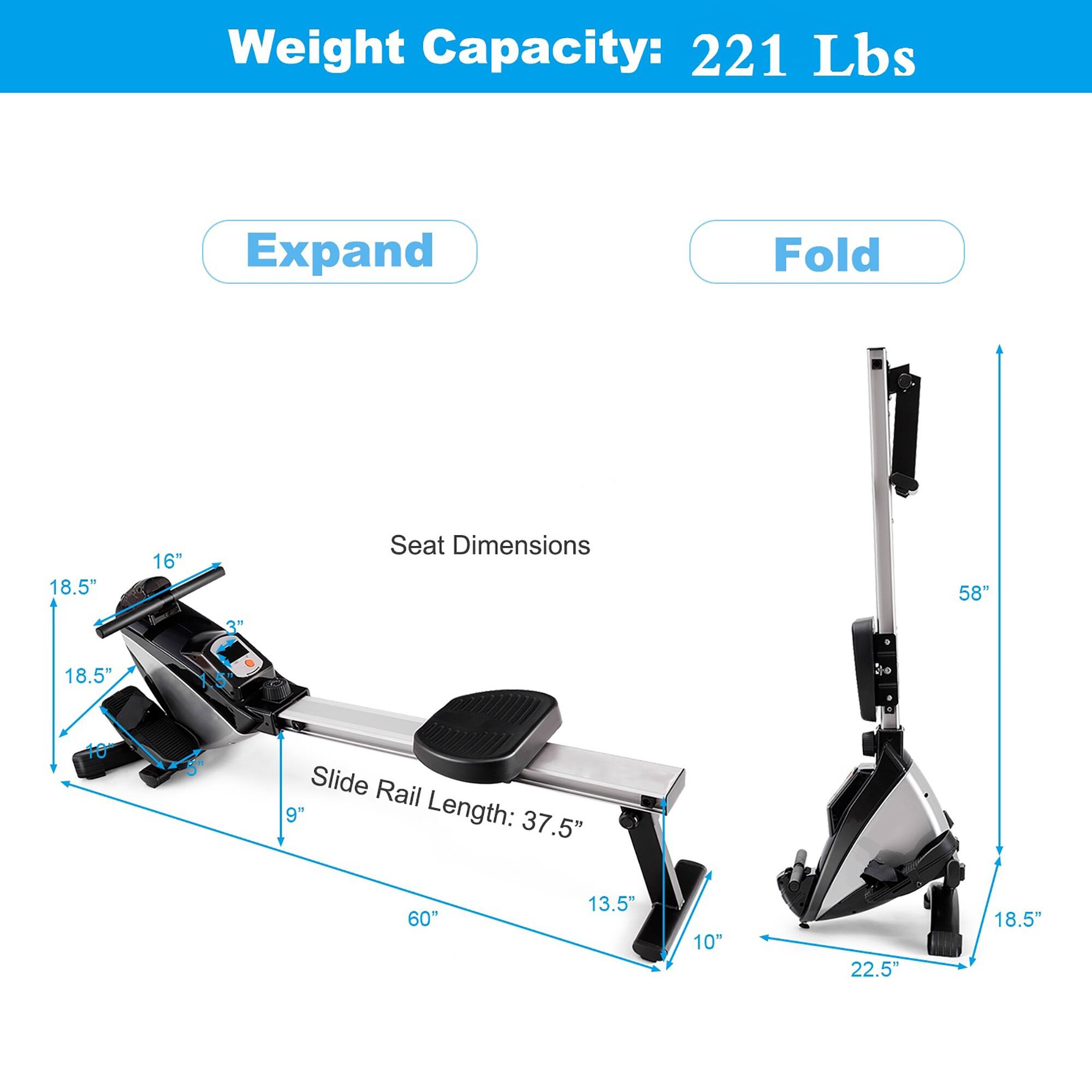 Weight Capacity: 221 Lbs
Expand:
- Seat Dimensions: 58" x 3"
- Slide Rail Length: 37.5"
- 10" x 5"
Fold:
- Seat Dimensions: 18.5"
- Slide Rail Length: 13.5"
- 10" x 22.5"