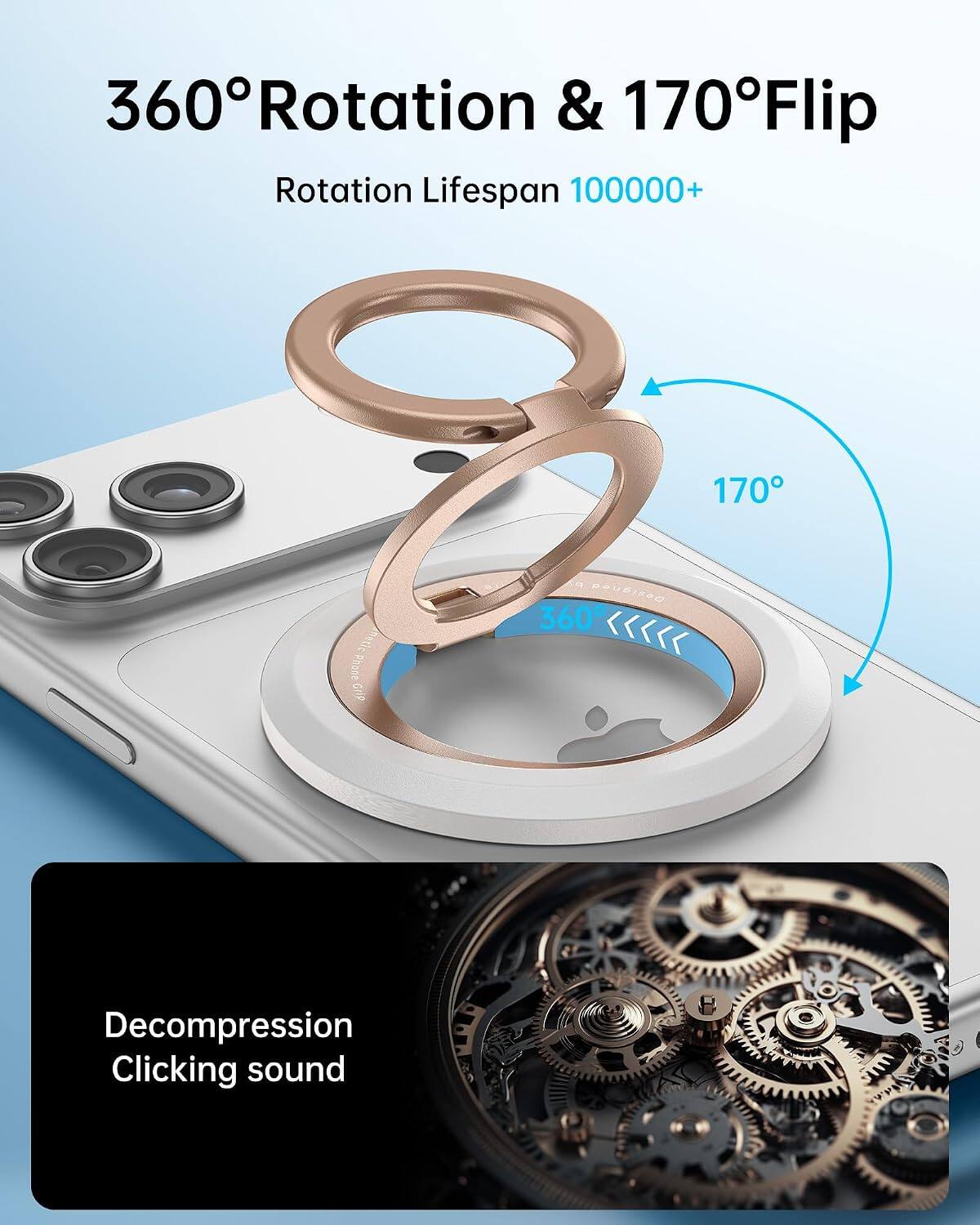 360° Rotation & 170° Flip  
Rotation Lifespan 100000+  
170°  
Decompression Clicking sound