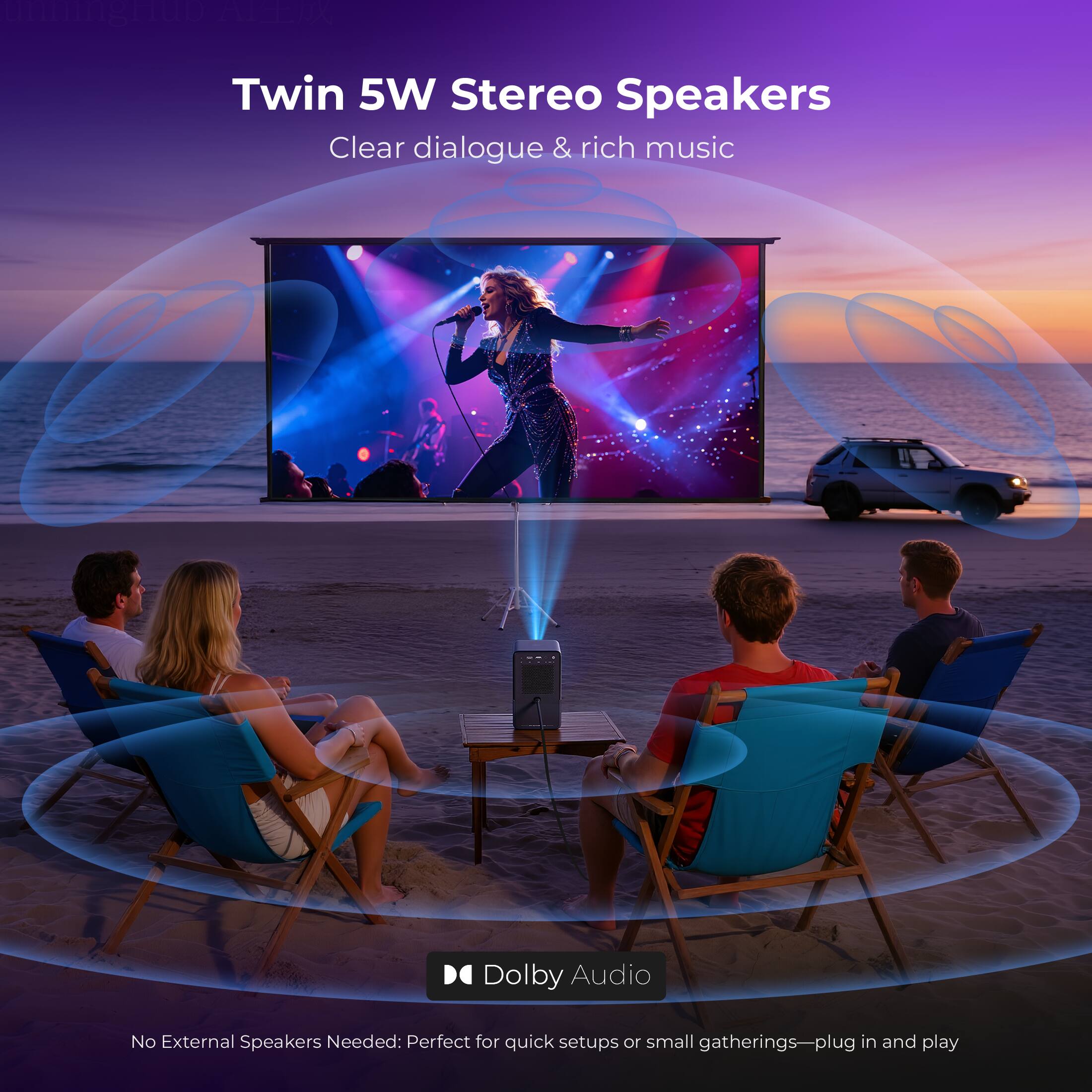 Twin 5W Stereo Speakers  
Clear dialogue & rich music  
Dolby Audio  
No External Speakers Needed: Perfect for quick setups or small gatherings—plug in and play