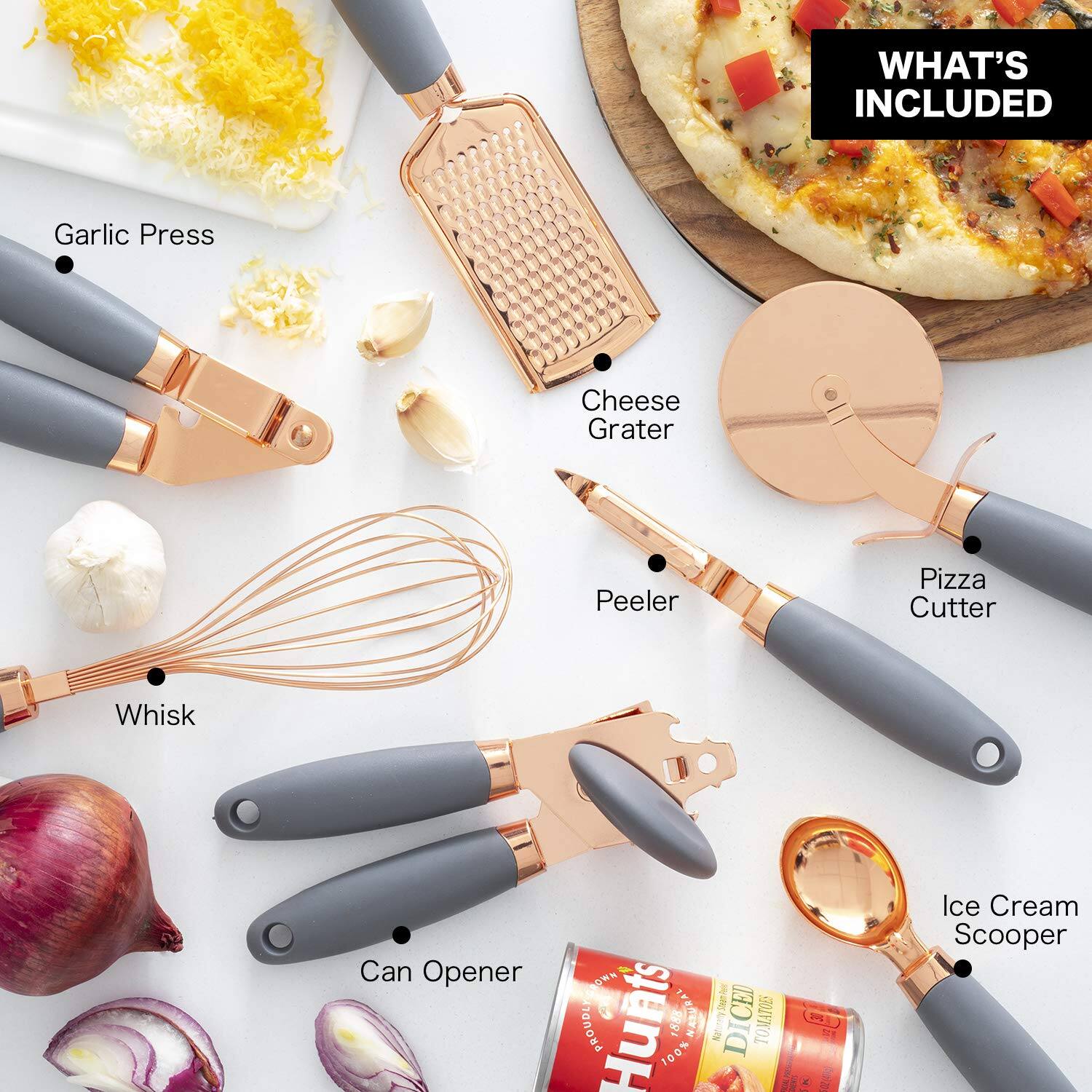 WHAT'S INCLUDED

- Garlic Press
- Cheese Grater
- Peeler
- Pizza Cutter
- Whisk
- Can Opener
- Ice Cream Scooper