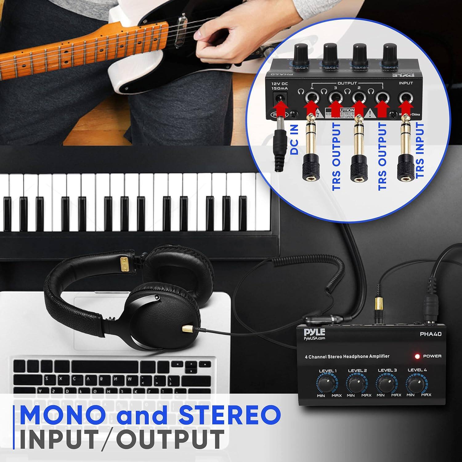 Sure, here is the corrected and grouped text from the image:

---

**PYLE**
PYLEUSA.com

**PHA40**
4 Channel Stereo Headphone Amplifier

**DC IN**
**TRS OUTPUT**
**TRS OUTPUT**
**TRS INPUT**

**POWER**

**LEVEL 1**
**LEVEL 2**
**LEVEL 3**
**LEVEL 4**

**MIN MAX MIN MAX MIN MAX MIN MAX**

**MONO and STEREO**
**INPUT/OUTPUT**

---

This text is organized to reflect the labels and information present in the image.