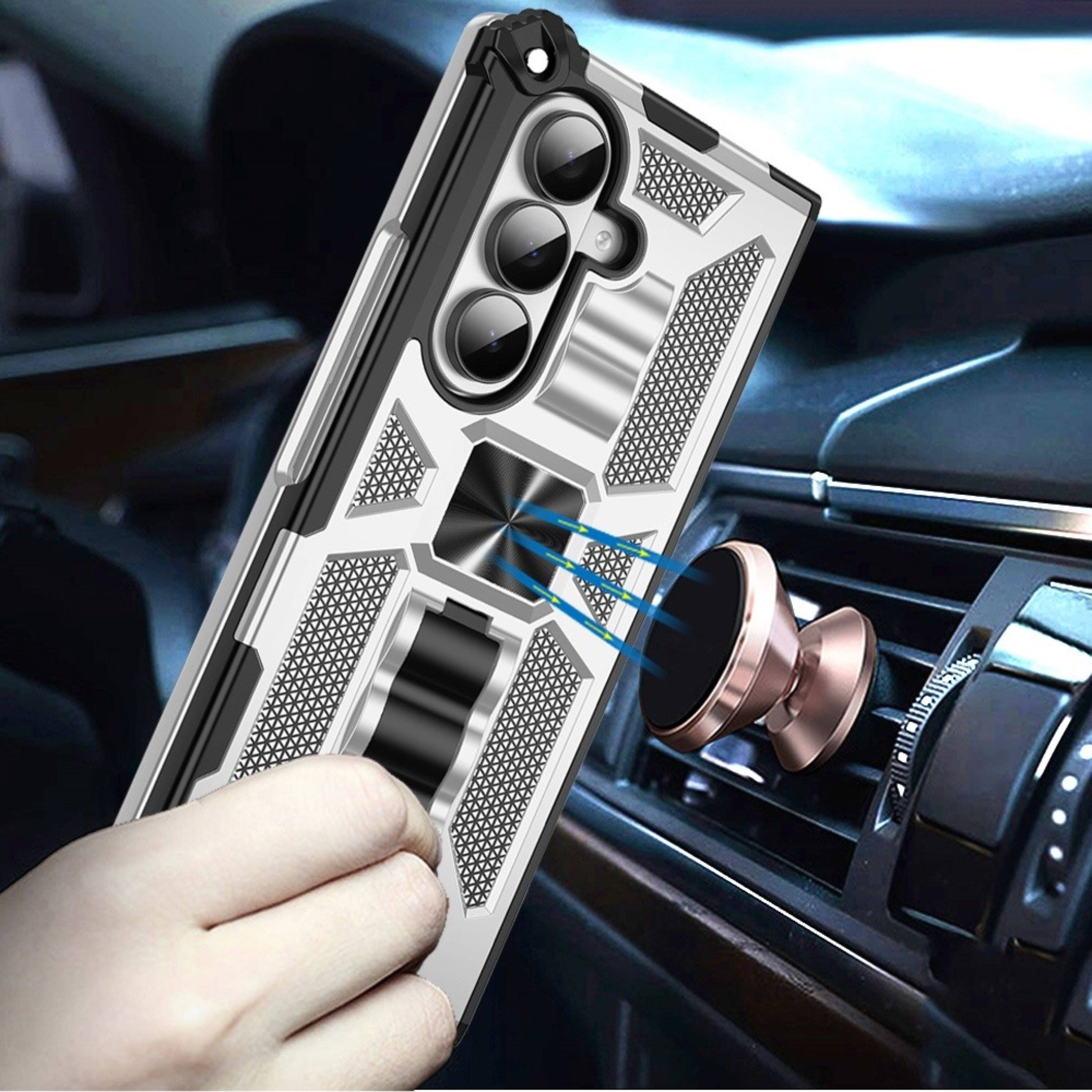Left. Kitcheniva - Shockproof Case With Stand Metal Plate Tempered Glass For Samsung Galaxy Z Fold7 Silver - Silver.