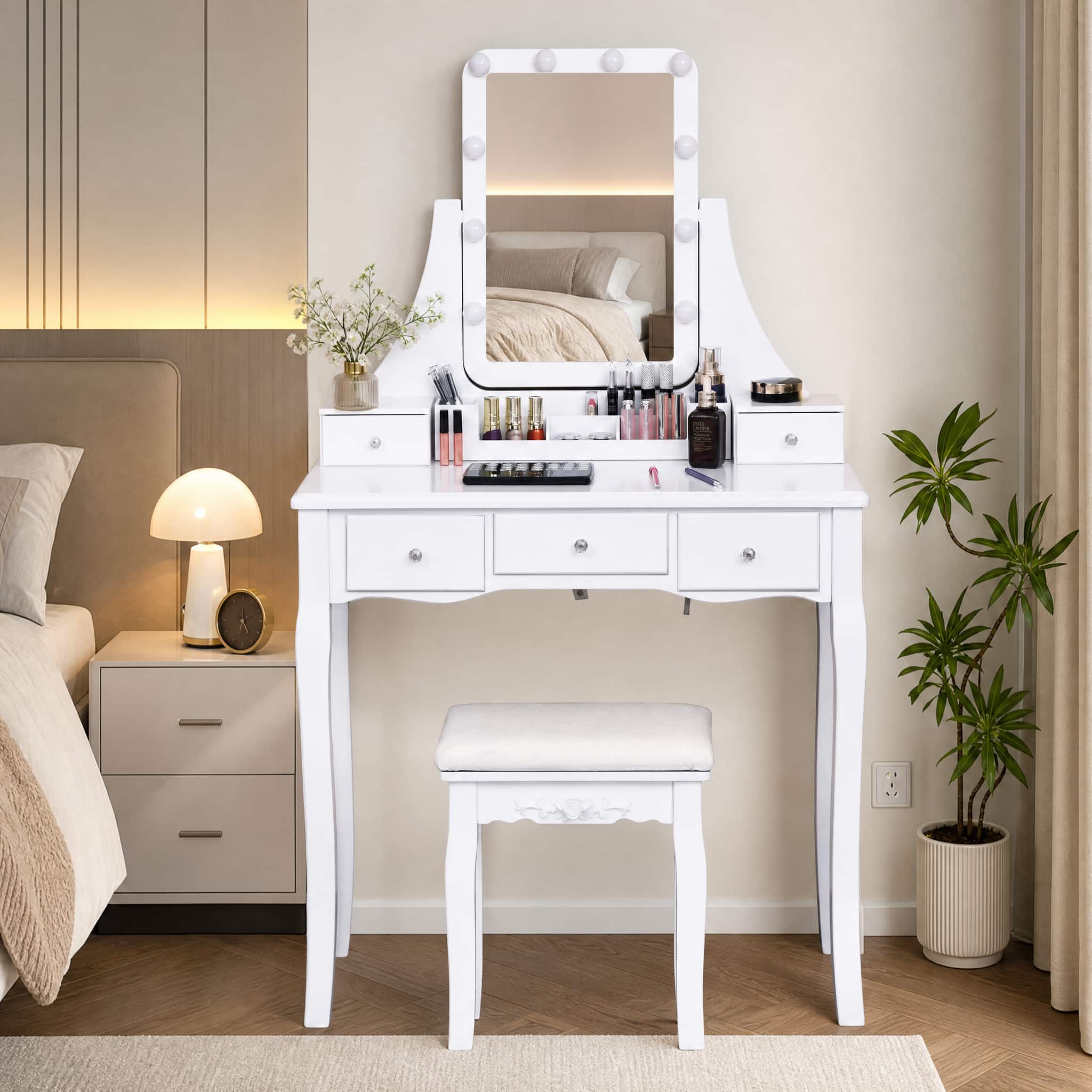 WELLFOR - Makeup Vanity Dressing Table Set with 360° Rotatable Mirror, Memory‑Brightness Function, 5 Drawers &Padded Stool - White