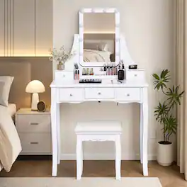 WELLFOR - Makeup Vanity Dressing Table Set with 360° Rotatable Mirror, Memory‑Brightness Function, 5 Drawers &Padded Stool - White