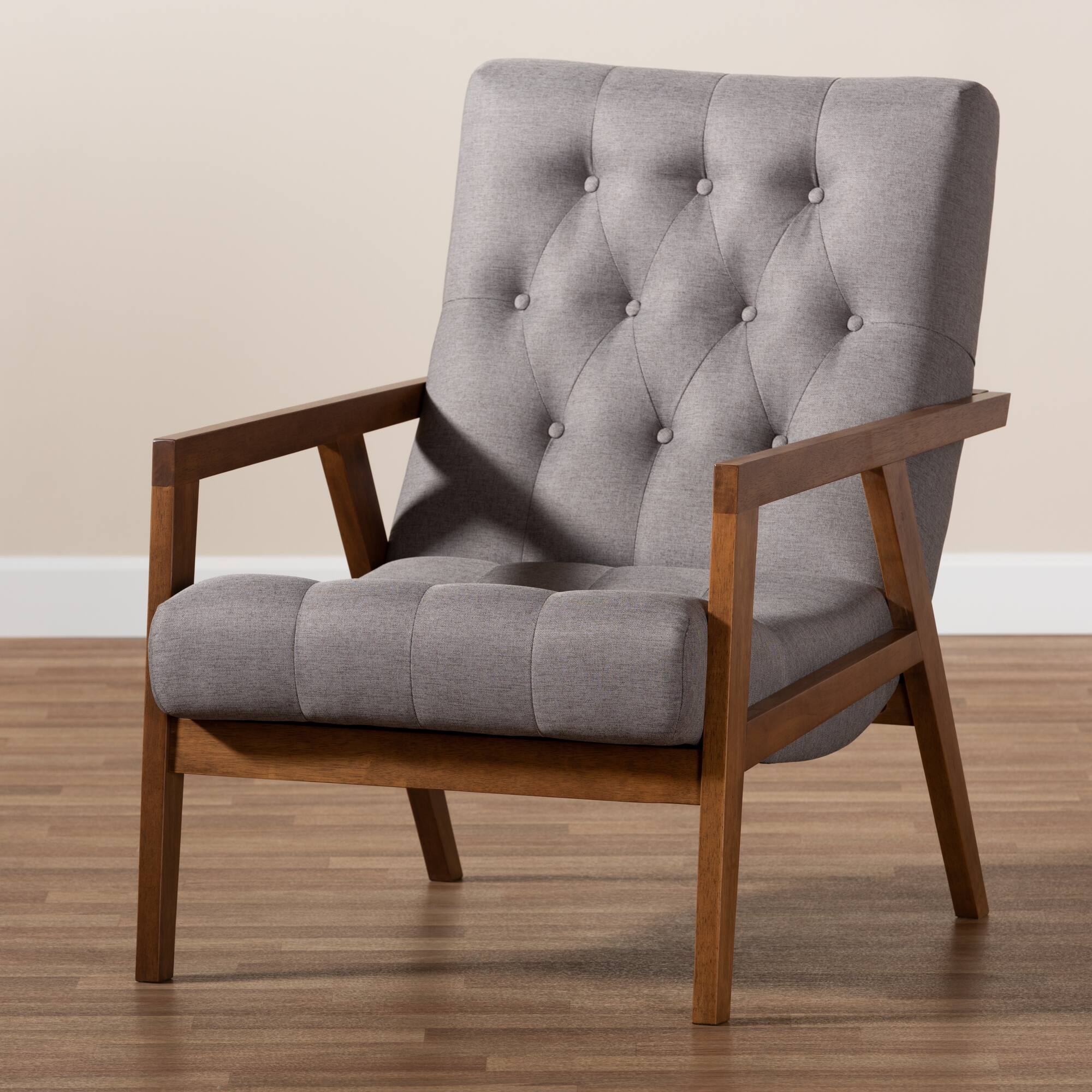 Alt View 4. Baxton Studio - Naeva Mid-Century Modern Fabric Upholstered Walnut Finished Wood Armchair - Grey/Brown.