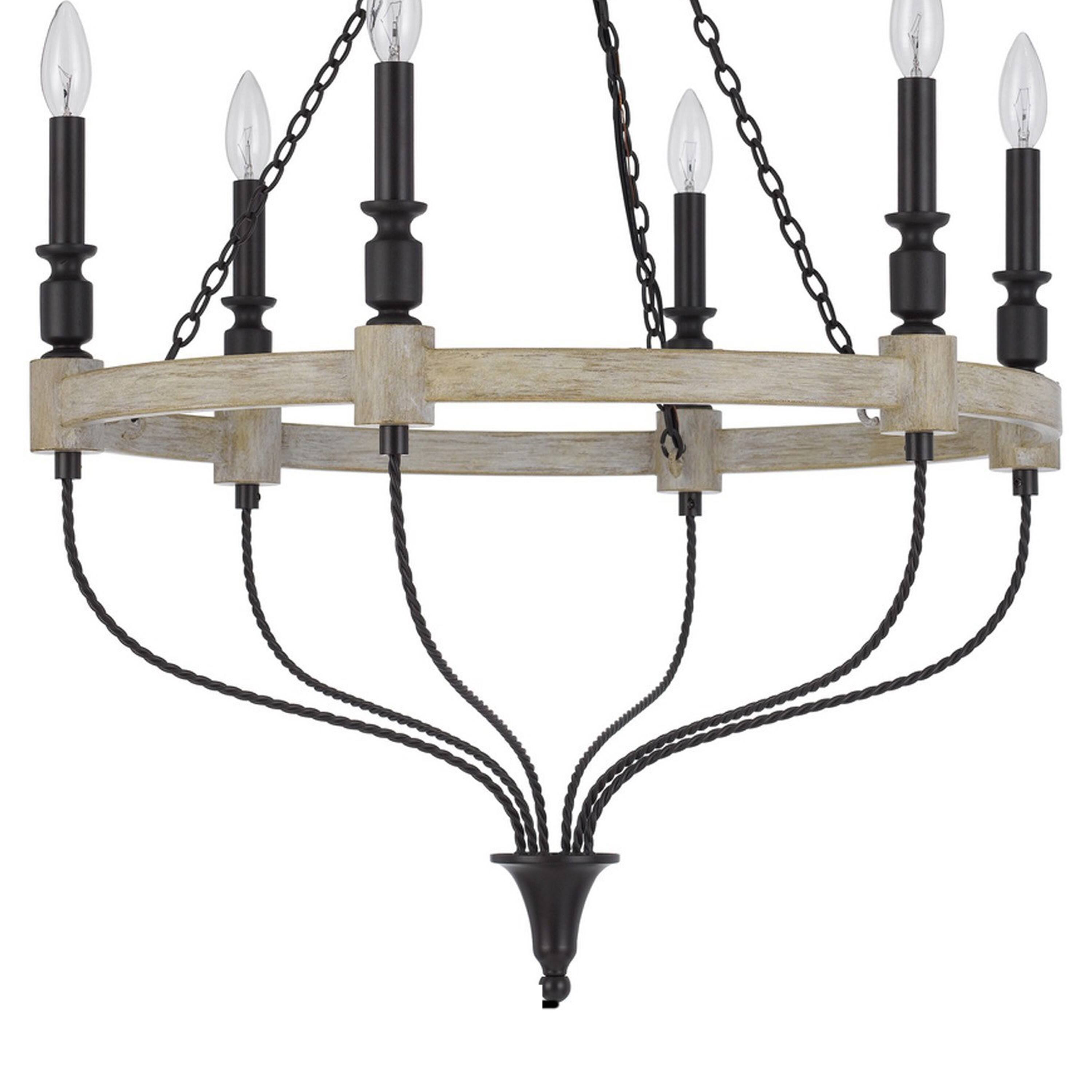 Back. Manhattan Lane - Omy 26 Inch Chandelier, Distressed Wood Wheel Candelabra Design - Gray, Black.