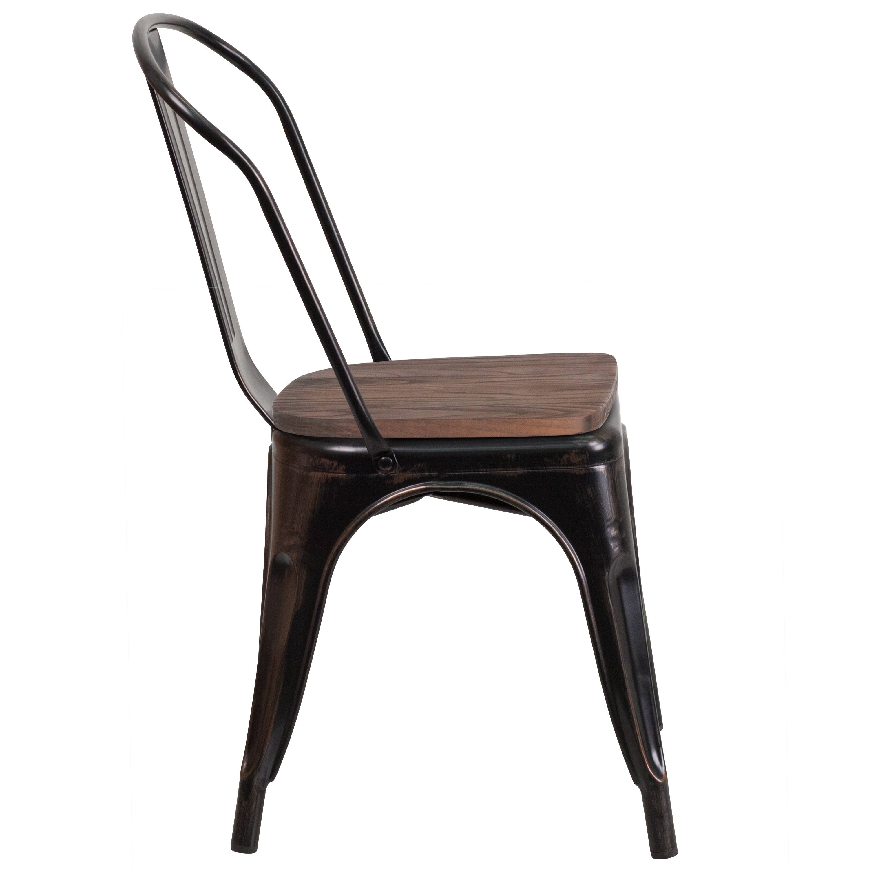 Alt View 6. Emma + Oliver - Colorful Metal Stackable Dining Chair with Wood Seat - Black-Antique Gold.