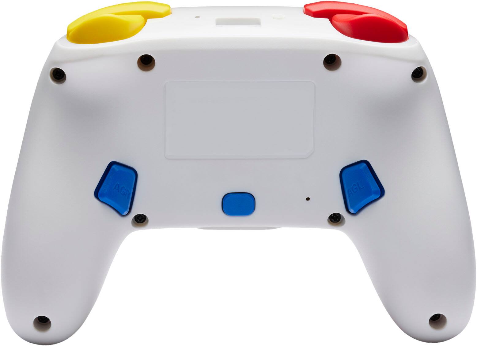 A white Wii remote with a blue and yellow button on top.