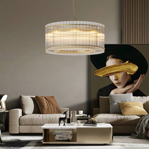 Back. LUCKY ONE - 37in Hanging Round Chandelier, 8-Light 2-Tier Water Ripple Crystal for Dining Room High Ceiling - Gold.