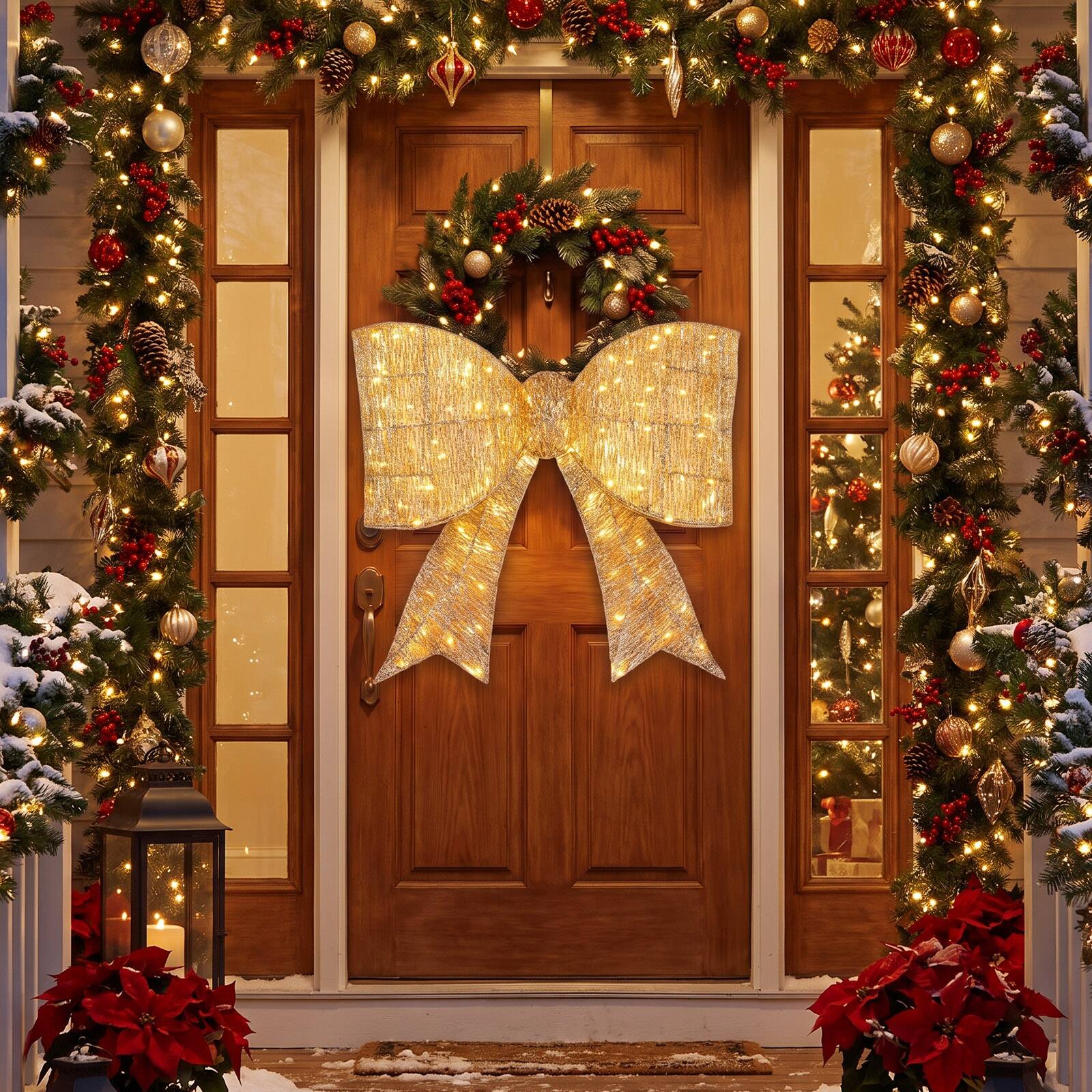 Alt View 5. Costway - Costway 2 PCS Christmas Lighted Bow Decoration 120 Pre-Lit Warm White LED Lights for Porch - Golden.
