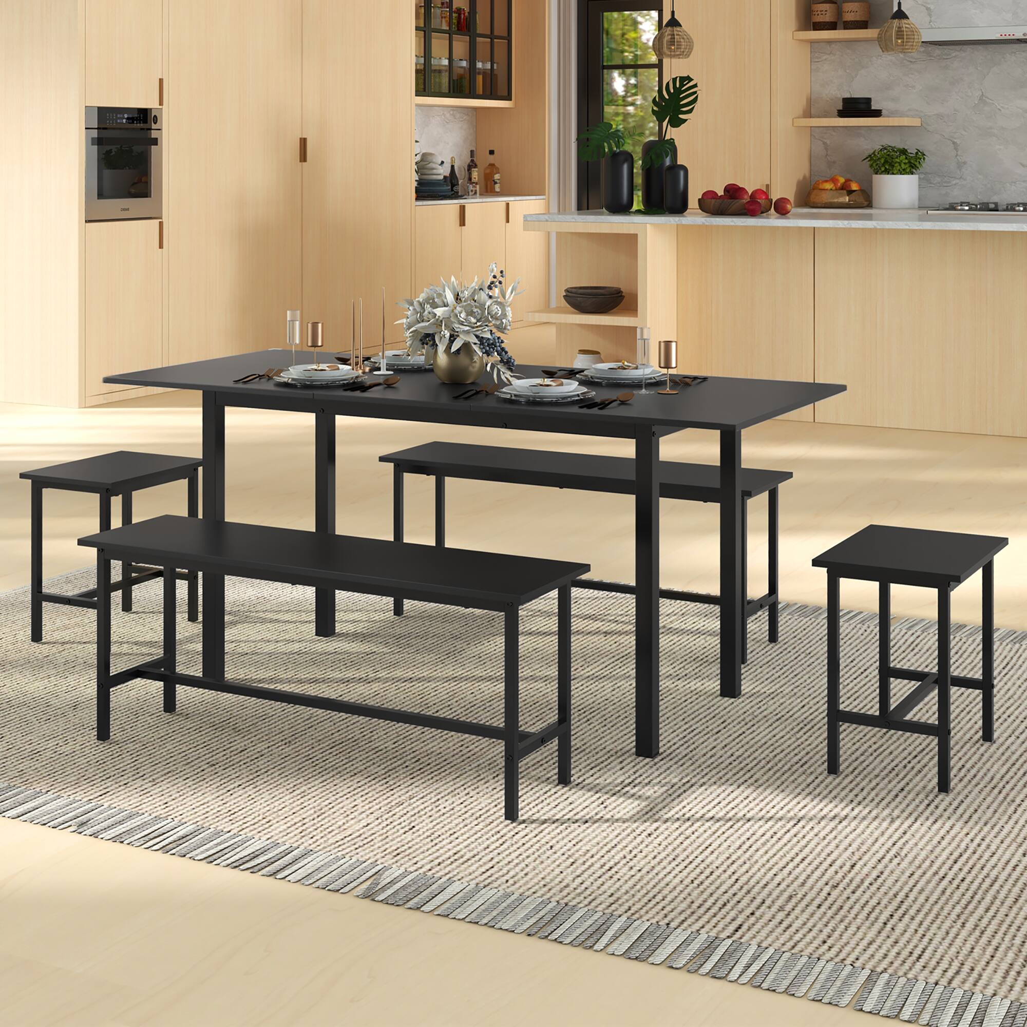 Alt View 3. Gymax - Gymax 5 PCS Dining Table Set for 4-6 w/ 2 Benches & 2 Stools Metal Frame Dining Room Black - Black.