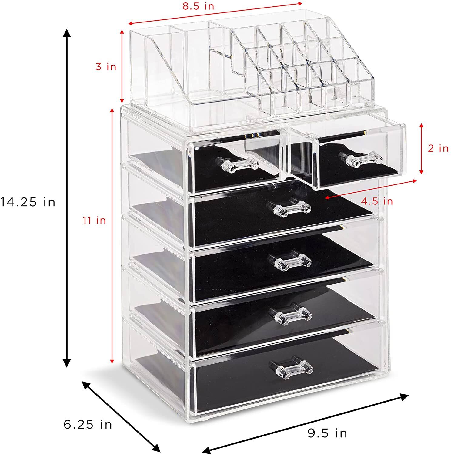 - Height: 14.25 in
- Width: 9.5 in
- Depth: 6.25 in
- Top shelf height: 3 in
- Drawer height: 2 in
- Drawer width: 4.5 in
- Drawer depth: 11 in
- Top shelf width: 8.5 in