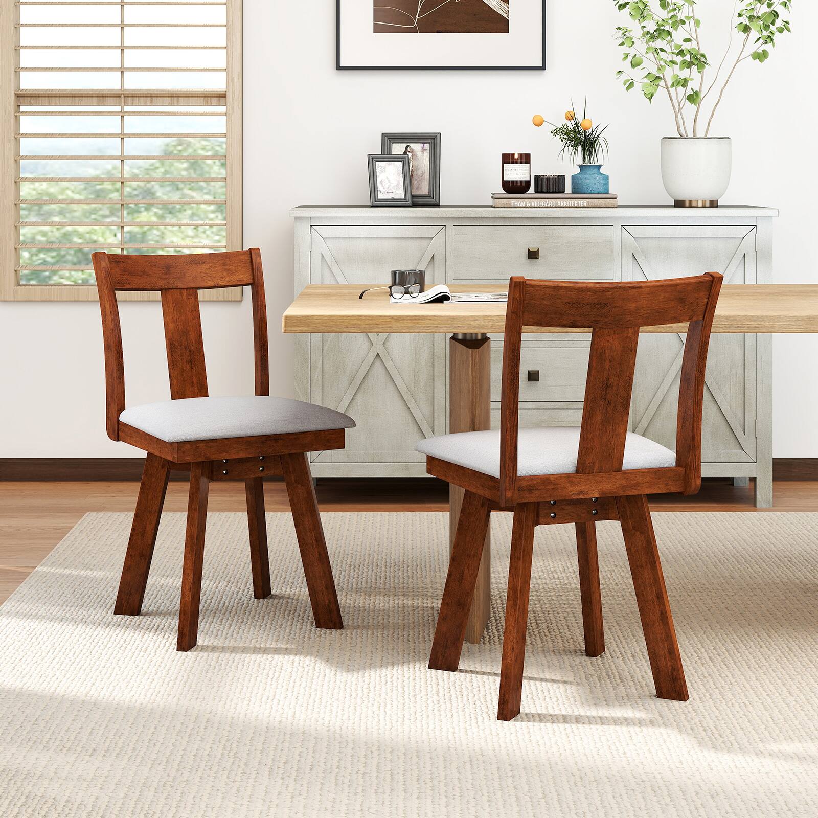Alt View 1. Gymax - Gymax Swivel Dining Chairs Set of 2 Dining Room Chairs w/ Rubber Wood Frame - Brown.