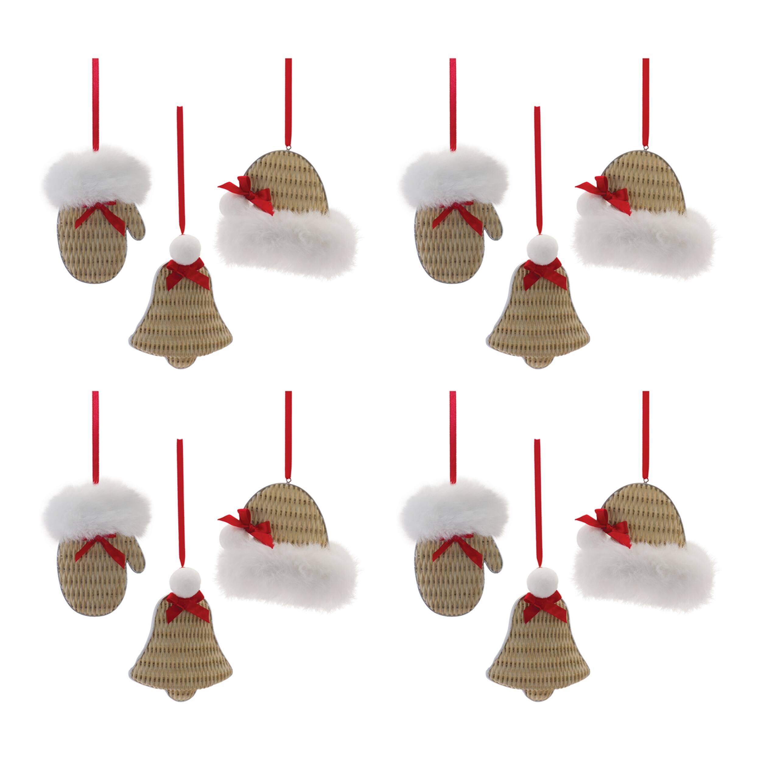 Alt View 3. BreeBe - Cozy Mitten Hat and Bell Ornament (Set of 12) - White,Brown,Red.