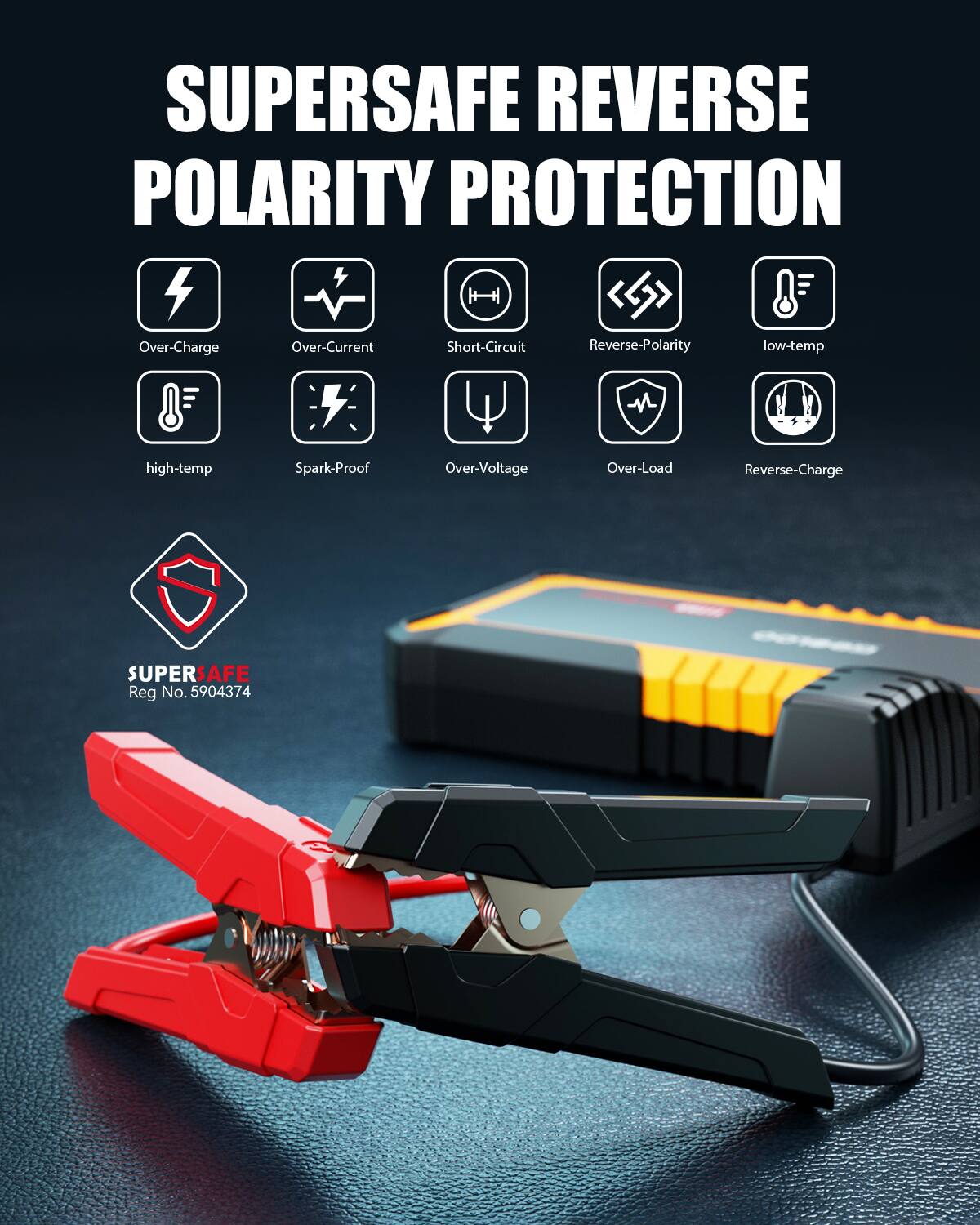 SUPERSAFE REVERSE POLARITY PROTECTION

- Over-Charge
- Over-Current
- Short-Circuit
- Reverse-Polarity
- Low-Temp
- High-Temp
- Spark-Proof
- Over-Voltage
- Over-Load
- Reverse-Charge

SUPER SAFE
Reg No. 5904374