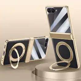 Dteck - For Samsung Galaxy Z Flip7 Luxury Plated Frame Ring Stand Magnetic Case Hinge Protection Cover+Built-in Screen Protector - Black-Clear Screen