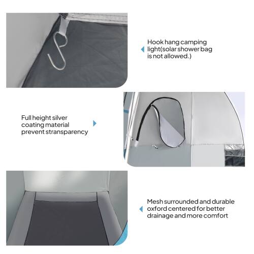 Hook hang camping light(solar shower bag is not allowed.)  
Full height silver coating material prevent transparency  
Mesh surrounded and durable oxford centered for better drainage and more comfort