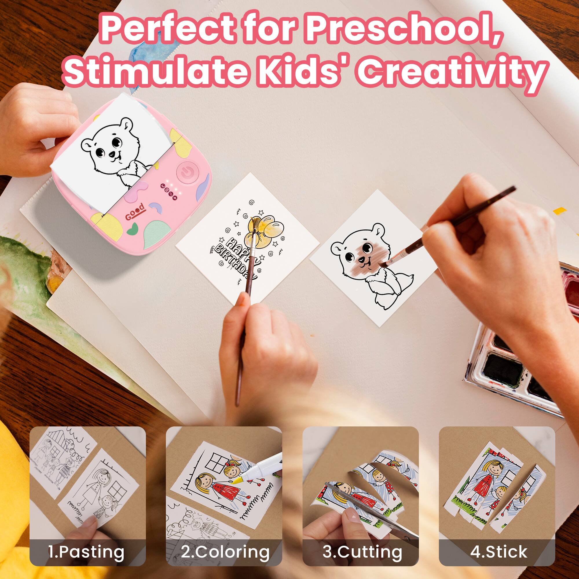 Perfect for Preschool, Stimulate Kids' Creativity

1. Pasting
2. Coloring
3. Cutting
4. Stick