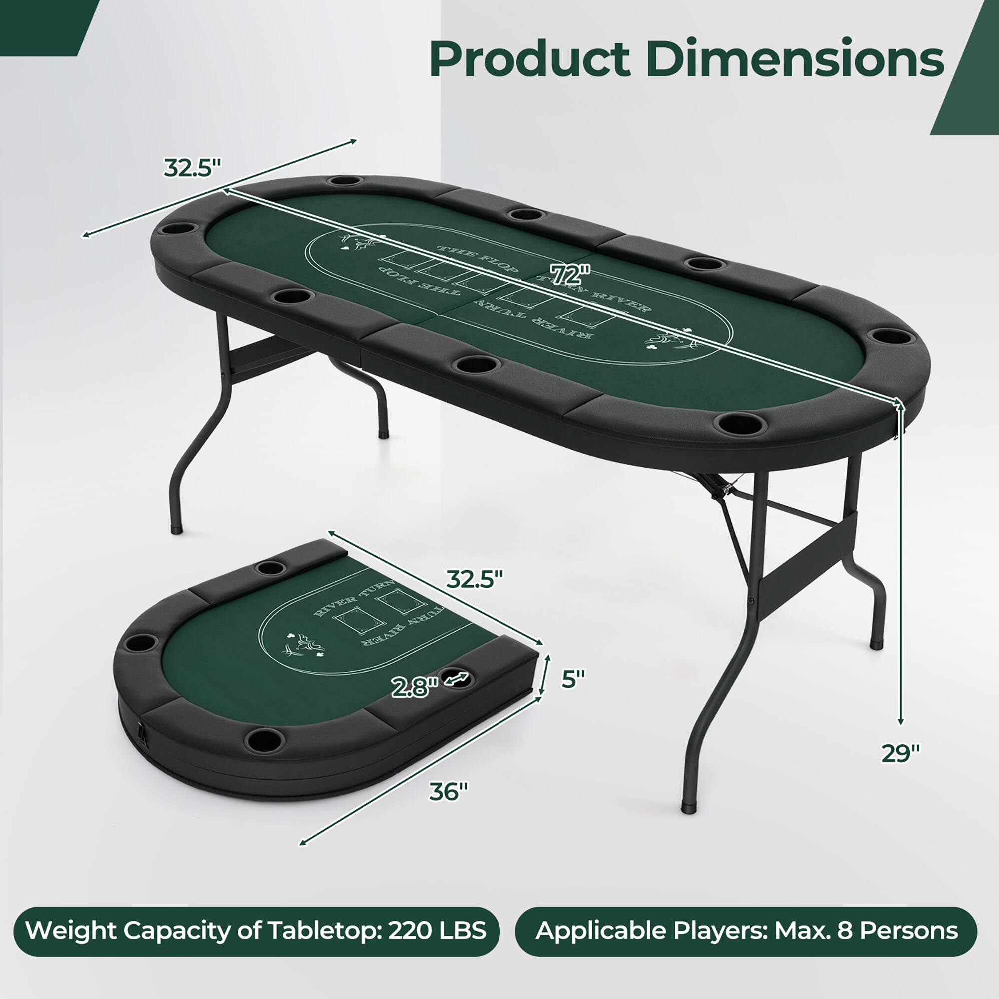 Product Dimensions:  
- Length: 72"  
- Width: 32.5"  
- Height: 29"  
- Depth: 36"  
- Thickness: 2.8"  

Weight Capacity of Tabletop: 220 LBS  

Applicable Players: Max. 8 Persons