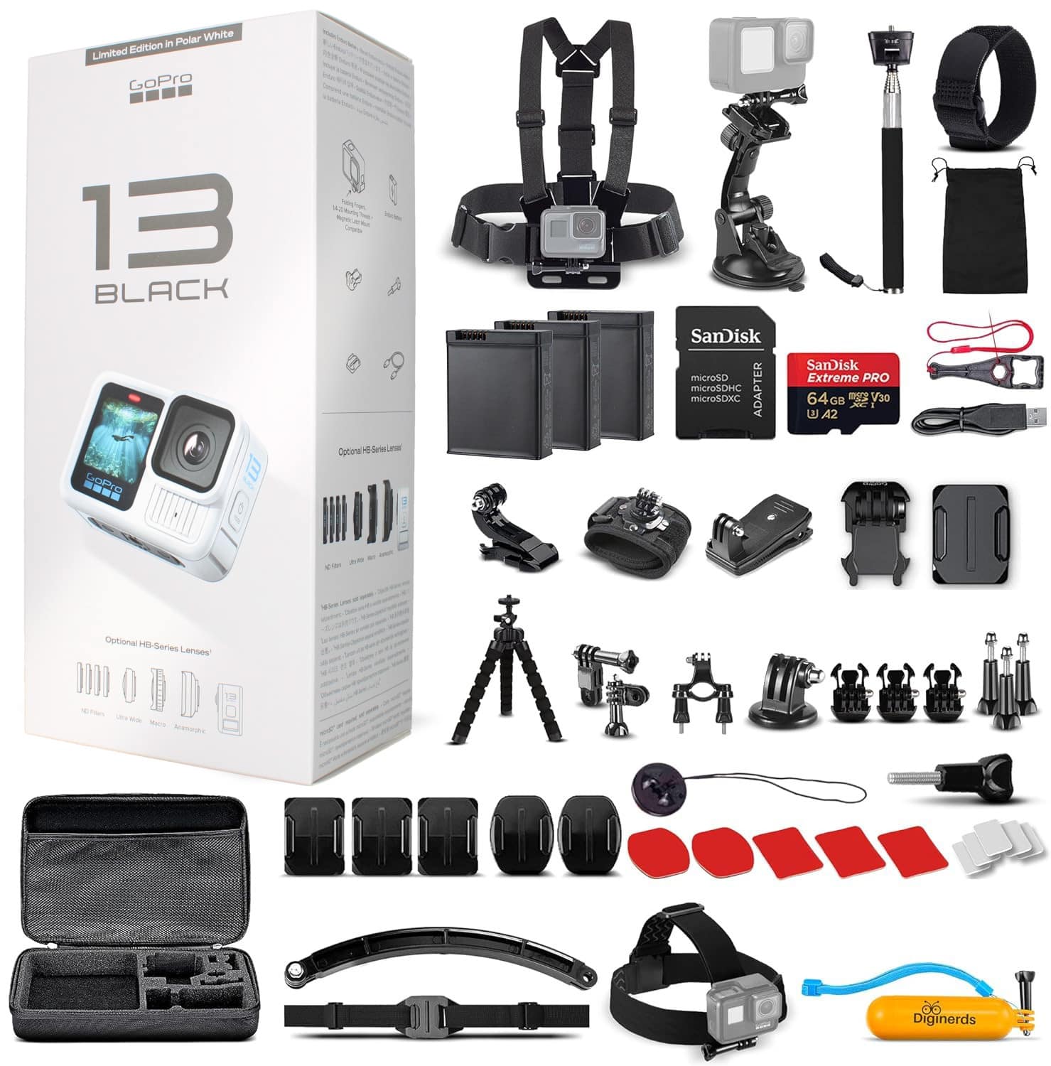 GoPro - HERO13 (Polar White) - Action Camera + 64GB Card, 50 Piece Accessory Kit and 2 Batteries