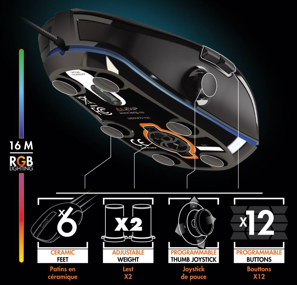 16 M RGB LIGHTING
6 CERAMIC FEET Patins en céramique
X2 ADJUSTABLE WEIGHT Lest X2
PROGRAMMABLE THUMB JOYSTICK Joystick de pouce
X12 PROGRAMMABLE BUTTONS Bouttons de pouce