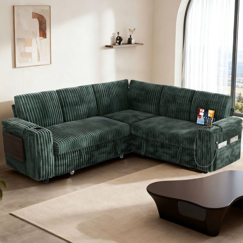 Left. Dyonery - 85" Modular Sectional Sofa with Pull Out Bed,Corduroy Fabric 5 Seat Sectional Sofa with Storage,for Living Room - Green.
