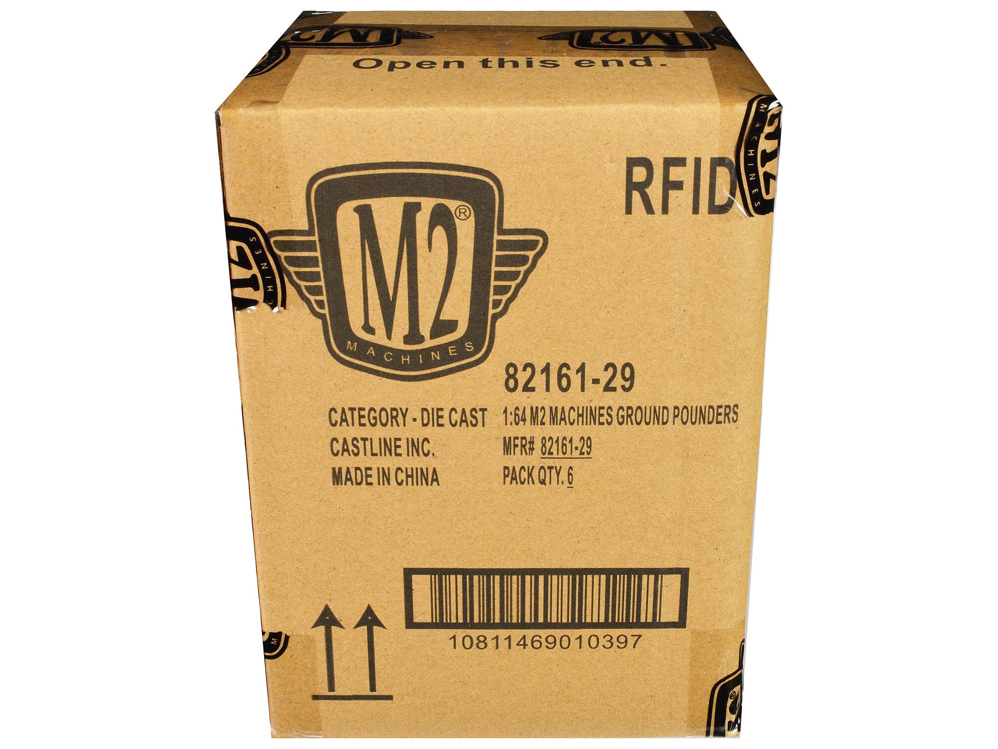 Sure, here is the corrected and grouped text from the image:

---

**M2 MACHINES**

**82161-29**

**CATEGORY - DIE CAST**

**1:64 M2 MACHINES GROUND POUNDERS**

**CASTLINE INC.**

**MADE IN CHINA**

**PACK QTY. 6**

**RFID**

**Open this end.**

**10811469010397**

---

This text is organized to reflect the information on the packaging clearly.