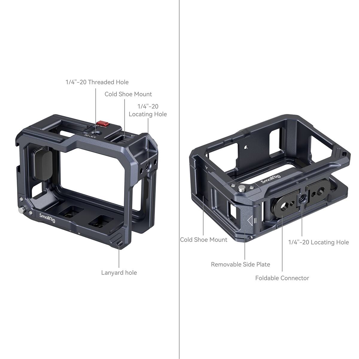 1/4"-20 Threaded Hole  
Cold Shoe Mount  
1/4"-20 Locating Hole  
Lanyard hole  
Removable Side Plate  
Foldable Connector