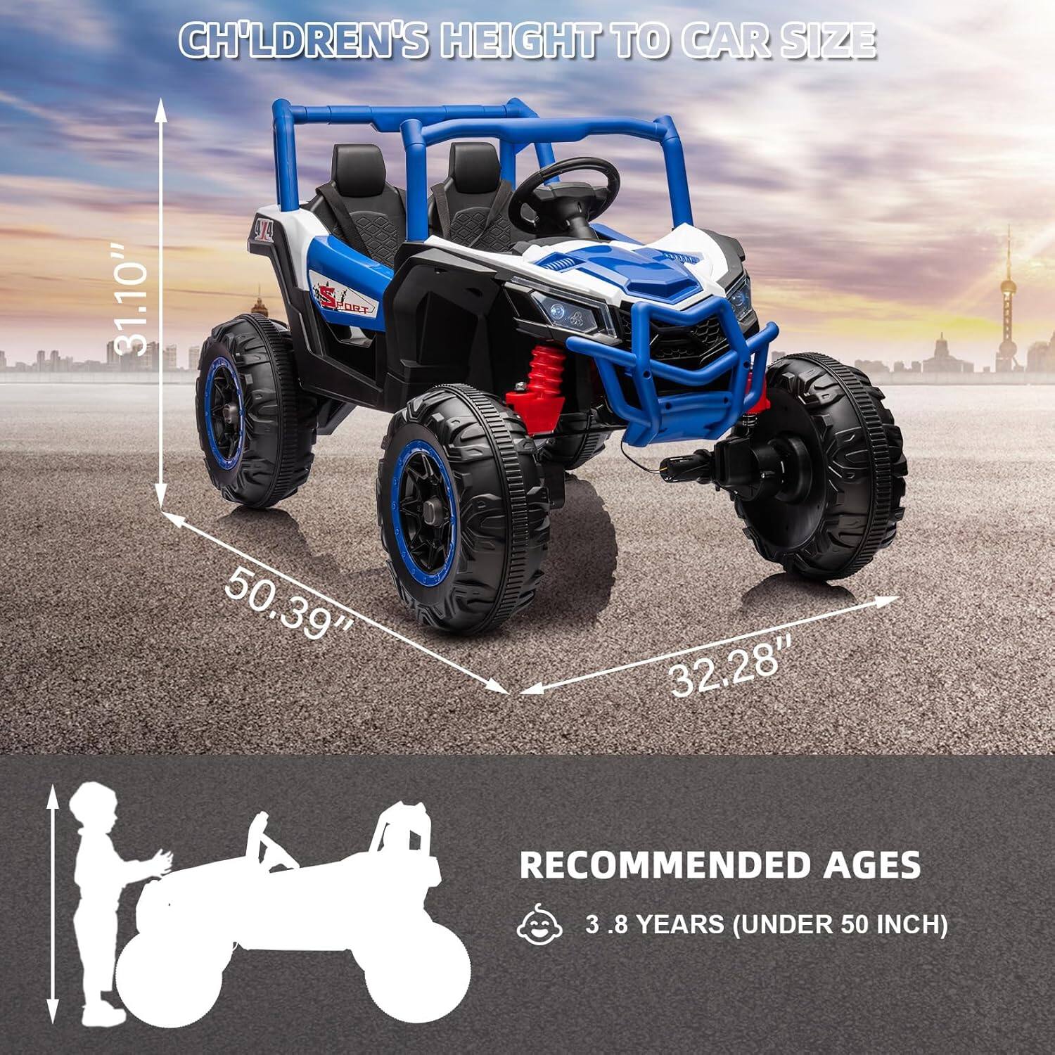 Children's Height to Car Size  
31.10"  
50.39"  
32.28"  

Recommended Ages  
3.8 Years (Under 50 Inch)