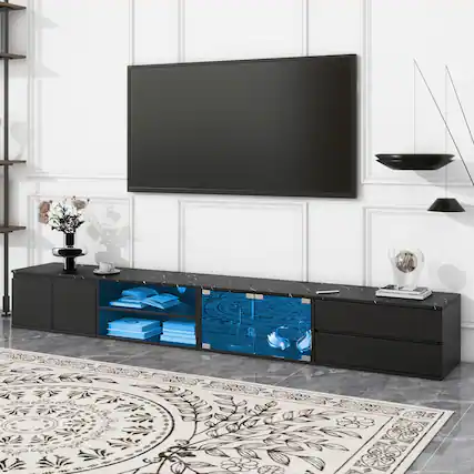 Front. APRILSOUL - Modern APP Controlled LED TV Stand for TVs Up to 105in Faux Marble Tabletop Media Console Glass Doors 2 Drawers Cabinets - Black.
