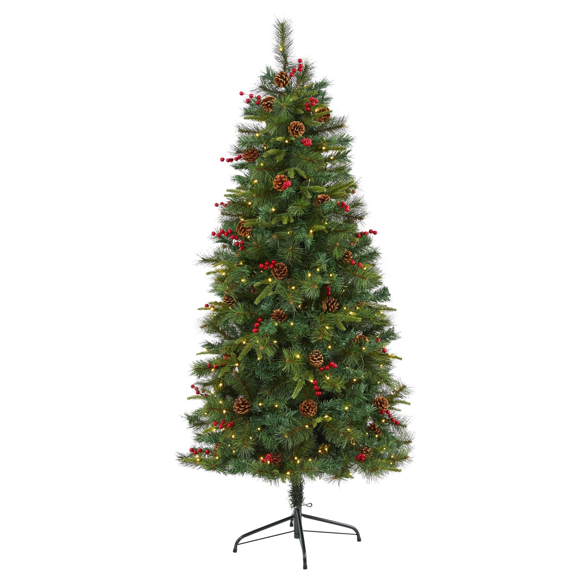 BreeBe - 6’ Pine Christmas Tree with 250 LEDs Pine Cones and Berries - Multi