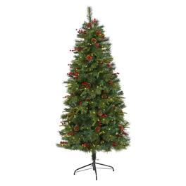 BreeBe - 6’ Pine Christmas Tree with 250 LEDs Pine Cones and Berries - Multi