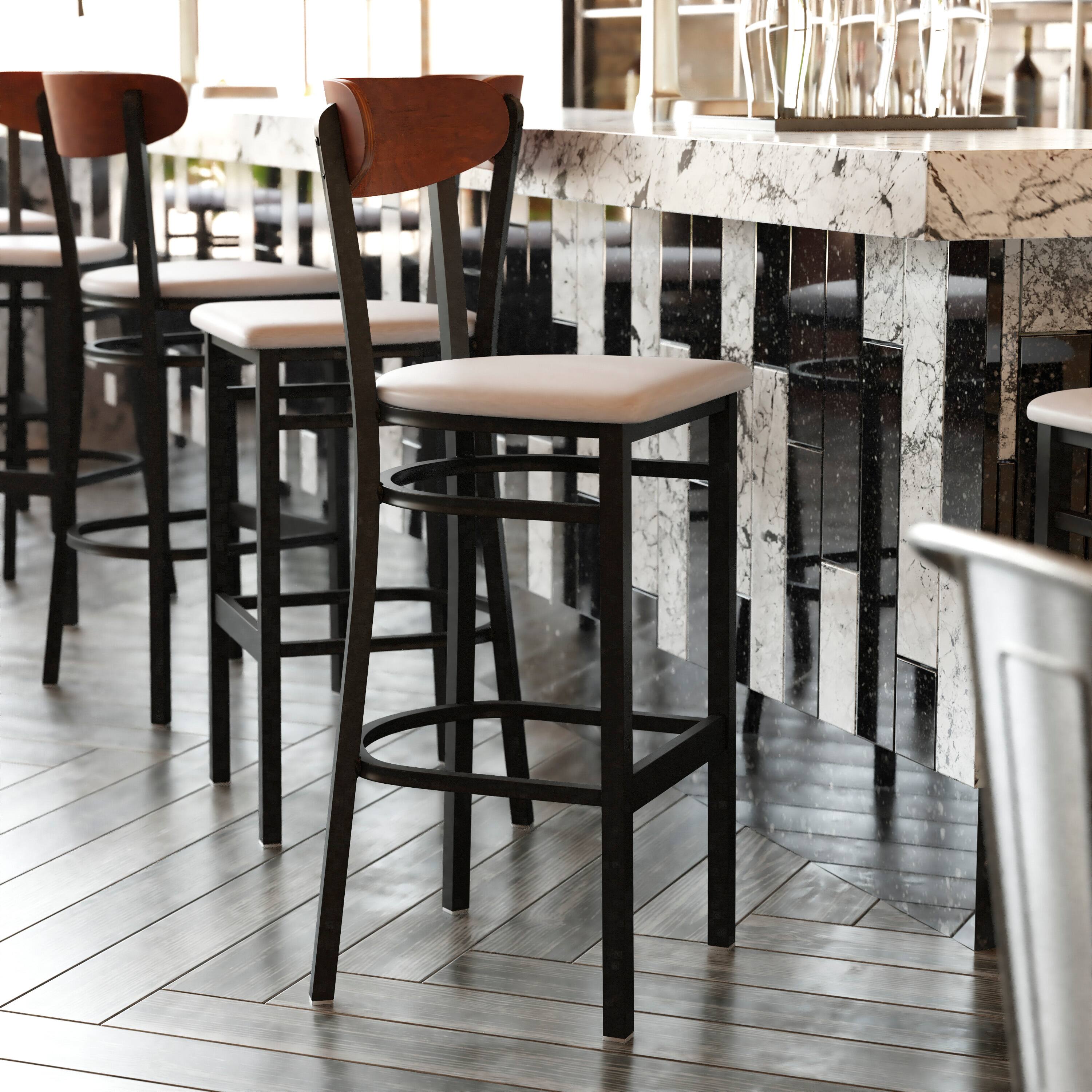 Angle. Flash Furniture - Wright Commercial Barstool with 500 LB. Capacity Black Steel Frame, Walnut Finish Wooden Boomerang Back, and Gray Vinyl - Gray.