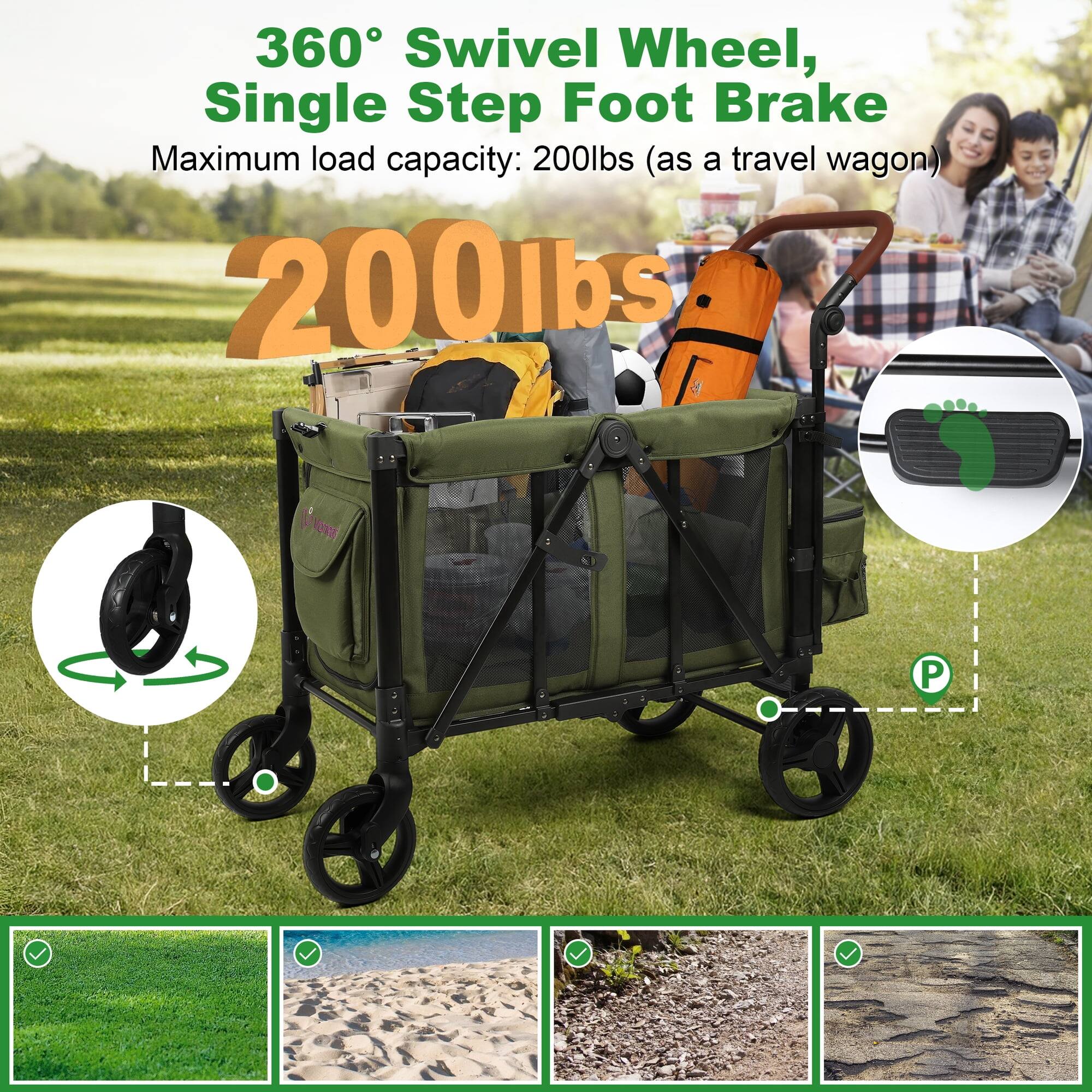360° Swivel Wheel, Single Step Foot Brake  
Maximum load capacity: 200lbs (as a travel wagon)  
200lbs